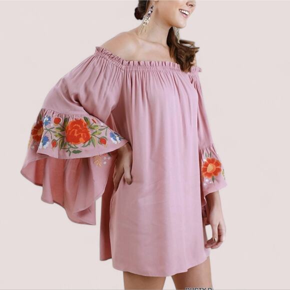 Umgee Floral Embroidered Bell Sleeve Mini Dress Tunic Size Small Orange - Picture 7 of 9